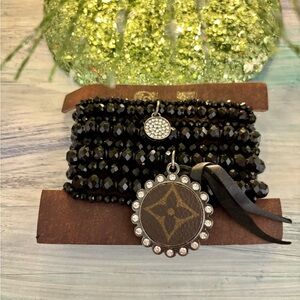 LV Upcycled Black Beaded Stack Bracelet with Pendant